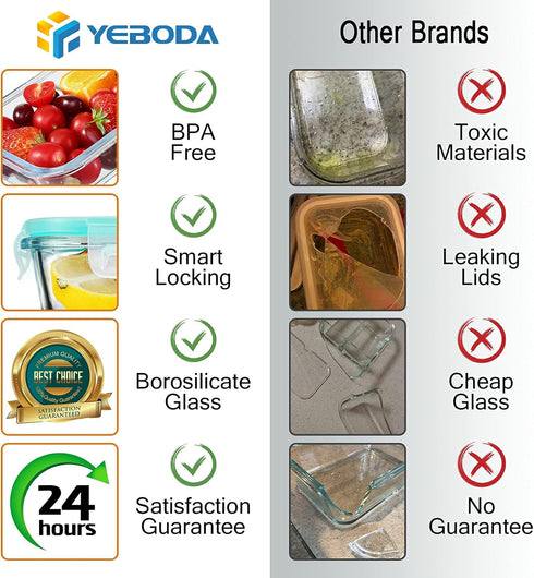 YEBODA Glass Food Storage Containers with Airtight Snap Locking Lids BPA Free Meal Prep Container Set For Home Kitchen Restaurant - Freezer, Micro...