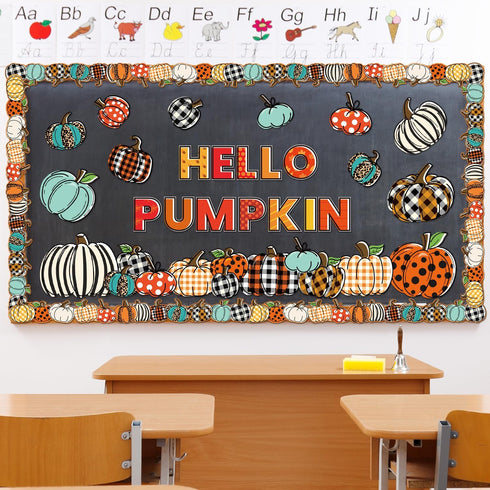 GreenPine 90Pcs Happy Fall Pumpkin Cutouts Thanksgiving Bulletin Board Set with Pumpkin Borders Trim Classroom School Office Wall Decor Themed Par...