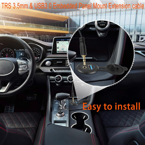 QIANRENON USB3.0 & 3.5mm Audio Threaded Fixed Embedded Car Waterproof Cable 5Gbps TRS 3.5mm & USB3.0 Dashboard Panel Mount Extension Cable, LED Li...
