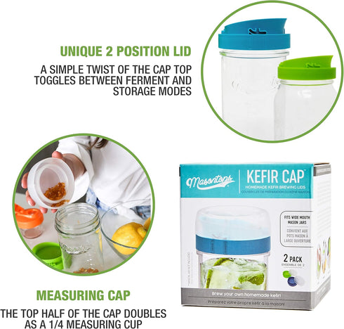 Masontops kefir lid mason jar lids wide mouth mason jar lids living culture grain drainer starter kit for home fermentation 2 packs...