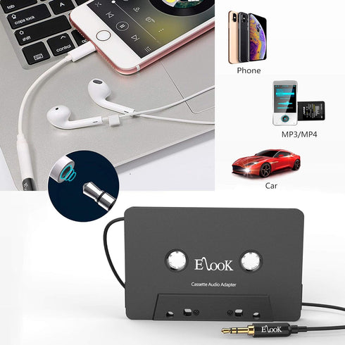 Elook Car Cassette Aux Adapter Kit, with A Smartphone to 3.5 mm Headphone Jack Adapter for Phone, MP3 ect. Black...