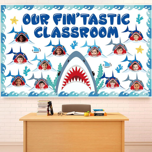 Shark Bulletin Board Kit Under The Sea Classroom Decorations Back to School DIY Photo Bulletin Board Set Ocean Theme Shark Paper Cutouts Decor for...