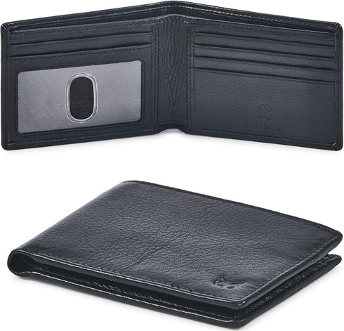 Real Leather Mens Bifold Wallet RFID Blocking Slim Minimalist Front Pocket - Thin & Stylish with ID Window in Gift Box (Nappa, Black)...