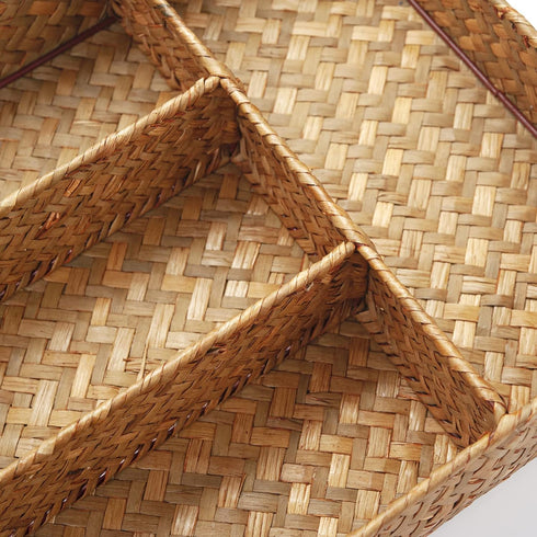 Seagrass Storage Basket with Compartments Utensil Tray for Organization Silverware Flatware Rectangular Shelf Baskets with 4 Sections Natural...
