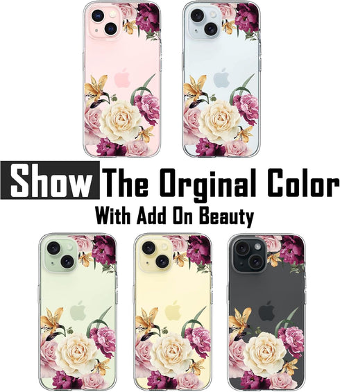 Designed for iPhone 15 Case, for Girls Woman, Clear Cute Pink Purple Floral Flowers Design Hard Back Soft Bumper Shockproof Protective Phone Cover...