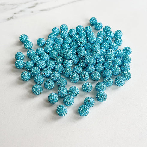 100PCS Rhinestones Beads 10mm Aquamarine Pave Disco Ball Clay Beads Polymer Clay Rhinestone Beads Crystal Diamond Beads for Bracelet Necklace Earr...