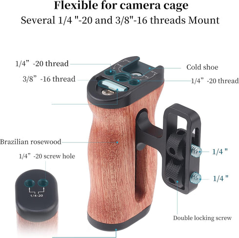 Fotga Wooden Side Handle Grip with 1/4"-20 Mount Holes Cold Shoe for DSLR Mirrorless Video Camera Cage Microphone Built-in Wrench,Adjustable Up an...