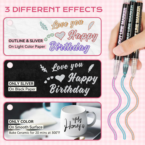 Jim&Gloria Girls Gifts Outline Markers - Birthday Teen Trendy Stuff, Double Line Silver Metallic Glitter Paint Pens Set + Stencils, DIY Crafts Scr...
