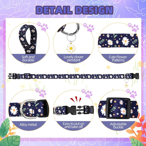 Blue Daisy Dog Collar, Wonderful Pet Gift Collar with Cute Pendants, Adjustable Dog Collar for Small Medium Large Dogs, Flower Dog Collar for Male...