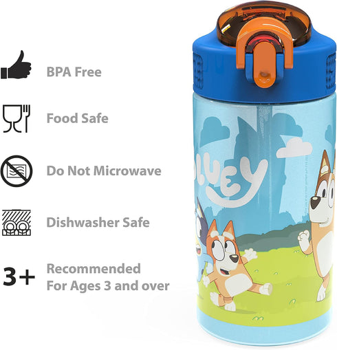 Zak Designs Bluey Kids Durable Plastic Spout Cover and Built-in Carrying Loop, Leak-Proof Water Design for Travel, (16oz, 2pc Set), Bluey Bottle 2...