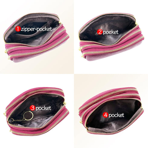 3 Zippered Genuine Leather Coin Purse Triple Capacity Change Pouch Little Travel Wallet With Key Ring for Women...