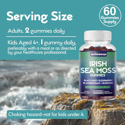 Irish Sea Moss Gummies 10000mg - with Black Seed Elderberry Bladderwrack Burdock Turmeric Omega-3 Vitamins C D3 Zinc - Seamoss Supplements for Adu...