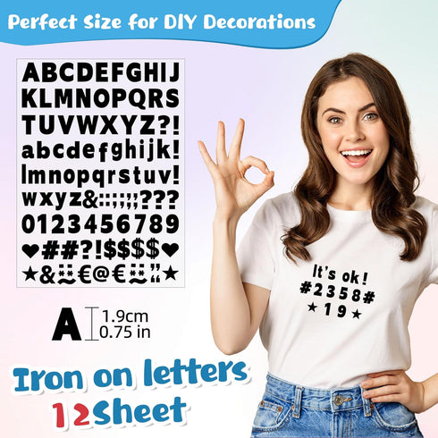 12 Sheets Iron On Letters 1200Pcs Vinyl Iron On Letters for Clothing 0.75 Inch Heat Transfer Letters with A-Z Heat Press Alphabet Stickers for Fab...