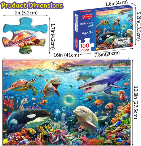 Underwater World Jigsaw Puzzles for Kids Ages 4-8 4-6 5-8 8-10 Year Old,100 Piece Ocean Shark Whale Jigsaw Puzzle for Children Learning Educationa...
