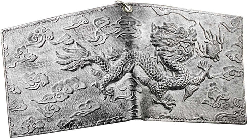Mens Dragon Vintage Silver Grey Leather Wallet Card Holder Purse With Chain...