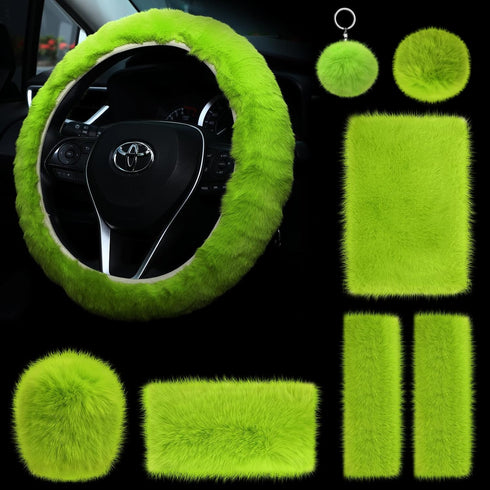 9 Pcs Father's Day Fluffy Car Accessories Set Soft Furry Steering Wheel Covers Set for Men Universal 15 Inches for Men Car Decoration, Lime Green...