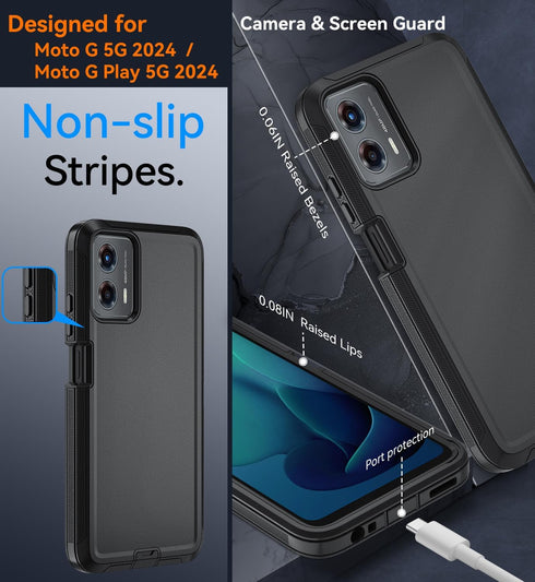 for Moto G 5G 2024/ Moto G Play 5G 2024 Case, with Belt Clip,Tempered Glass Screen Protector, Heavy Duty Shockproof Drop Protective Rugged Tough D...