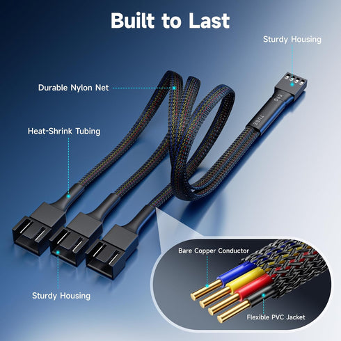 Cable Matters 2-Pack 3 Way 4 Pin PWM Fan Splitter Cable - 12 Inches / 30cm, 1x PWM-Controlled Fan with 2 Follower Fans, PC Fan Splitter 1 to 3 Con...