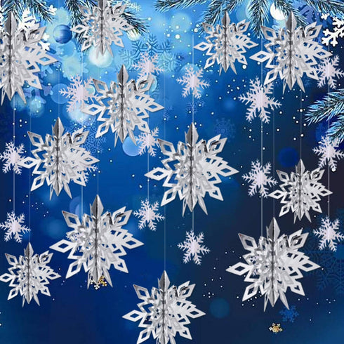 OuMuaMua Winter Christmas Hanging Decorations, 12PCS 3D Large Silver Snowflakes & 12PCS White Paper Snowflakes Hanging Garland for Christmas Winte...