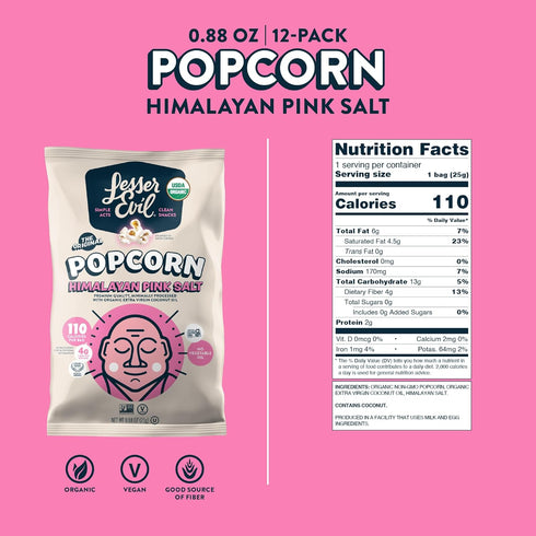 LesserEvil Himalayan Pink Salt Organic Popcorn, No Artificial Ingredients, Coconut Oil, Pack of 12, 0.88 oz Bags...