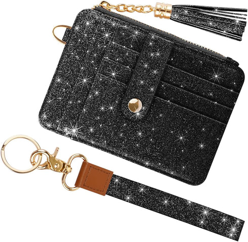 Slim Zipper Credit Card Holder with Keychain Wristlet Small RFID Glitter Leather Wallet with ID Window for Women,Black...