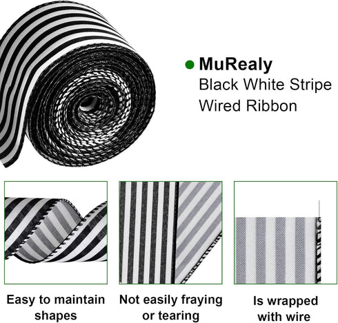 Ribbon for Crafts Wired - Black and White Striped Polyester Wired Ribbon, 2 Rolls 10 Yards 2.5 Inch Wired Ribbon, Christmas Ribbon Wired, Craft Ri...