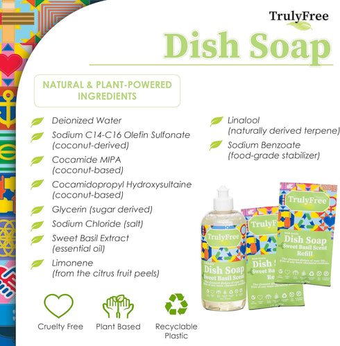 Non-Toxic Natural Liquid Dish Soap | Long-Lasting, Sweet Basil Fresh Scent | Includes: 1 Empty Refill Squeeze Bottle (16oz), 2 Refill Packs...