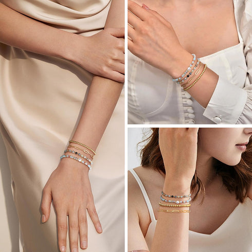 Sanfenly Gold Beaded Bracelets For Women, 14k Real Gold Plated Bead Stretch Stackable Stacked Stacking Stretchy Layered Trendy Simple Pearl Turquo...