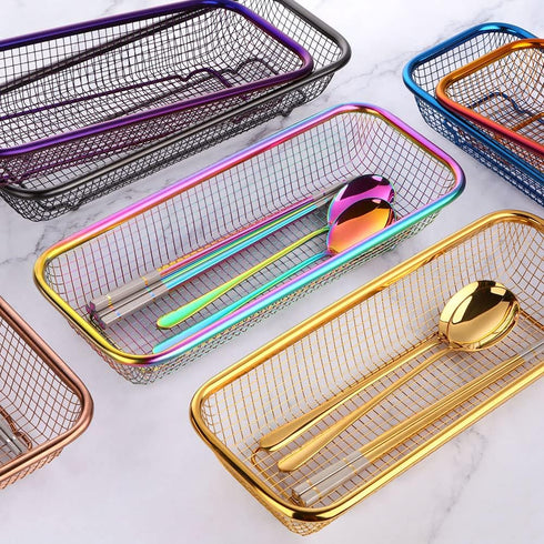 Silverware Drawer Organizer, Rainbow Mesh Kitchen Drawer Organizers, Iridescent Stackable Storage Basket Metal Utensil Holder for Flatware, 12.5"x...