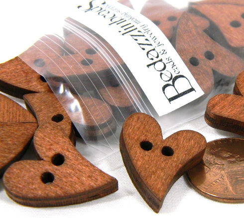 20 Natural 3/4 inch Brown Wood Whimsical Heart Wooden 2 Hole Flat Sewing Buttons, Linking Beads, Charms etc...