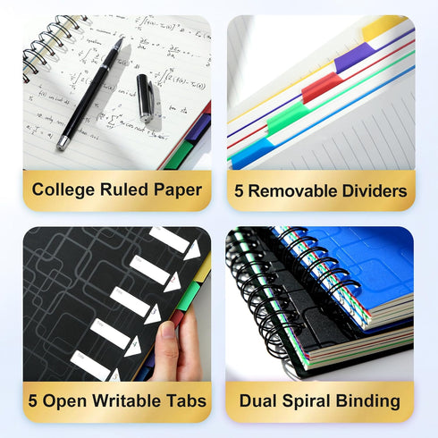 CAGIE 5 Subject Notebook for Work 240 Pages Spiral Notebooks College Ruled with Dividers Tabs A5 Small Note Book for School Office Supplies Note T...