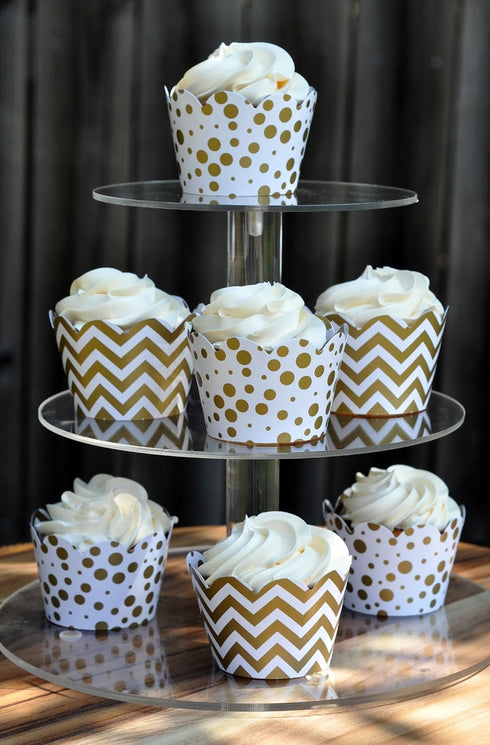 Gold and White Cupcake Wrappers for Weddings, Graduations, Kids and Adult Birthday Parties, Baby Showers. Set of 24 Reversible Cup Cake Holder Wra...