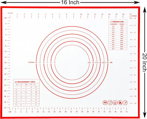 Non Slip Silicone Pastry Mat with Measurements Nonstick, 16 x 20 Inch Thick Baking Mat for Rolling out Dough Red Food Grade Silicone Baking Mats f...