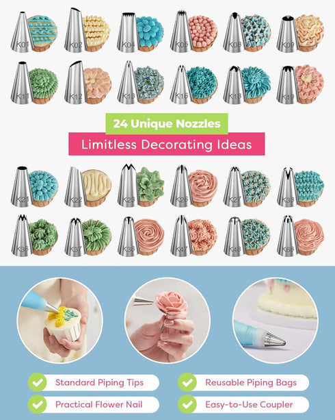 Kootek 32-Piece Piping Bags and Tips Set with 24 Icing Piping Tips, 2 Reusable Pastry Bags 12 Inch, Reusable Piping Icing Bags and Tips, Cake Deco...