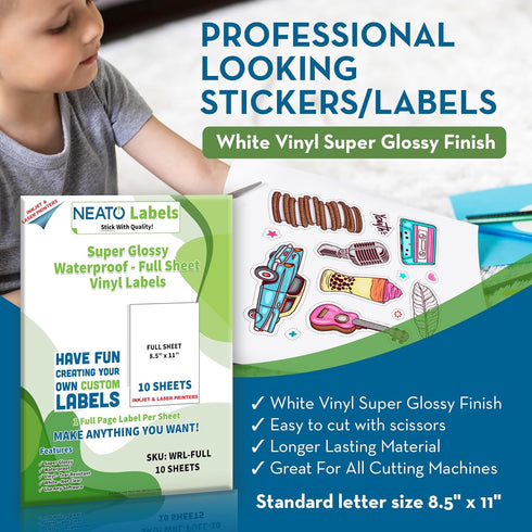Printable Vinyl Sticker Paper (8.5" x 11") - 10 Super Glossy Waterproof Labels for Inkjet and Laser Printers - Premium White Full Sheets - Strong ...