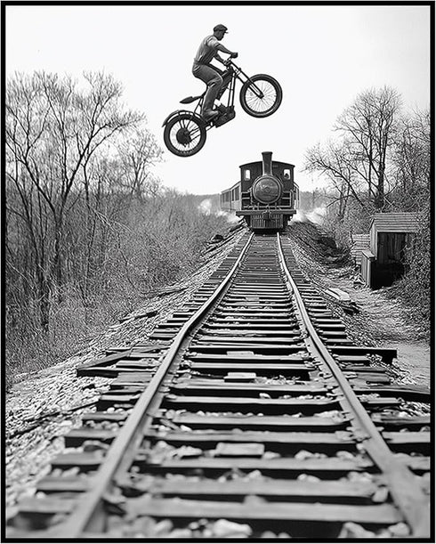 Posterizer 1 pcs-black and white photo-motorcycle on train track 1-Photography Art-Retro Art-Decor for Home & Office- unframed wall art...