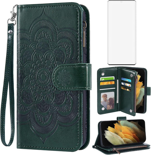 Asuwish Phone Case for Samsung Galaxy S21 Ultra 5G Wallet Cover with Tempered Glass Screen Protector and Flower Leather Flip Credit Card Holder Ce...