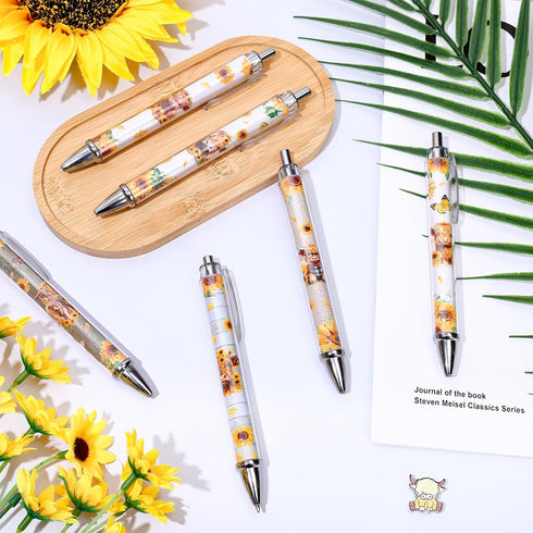 24Pcs Highland Cow Print Ballpoint Pens Retractable Rustic Cow Sunflower Picture Pens Plastic Black Ink Pens for School Home Office Wedding Baby S...