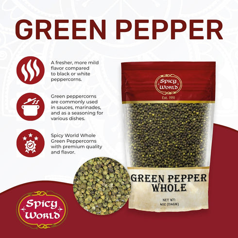 Spicy World Whole Green Peppercorns 4 Oz Bag - Steam Sterilized & All Natural...