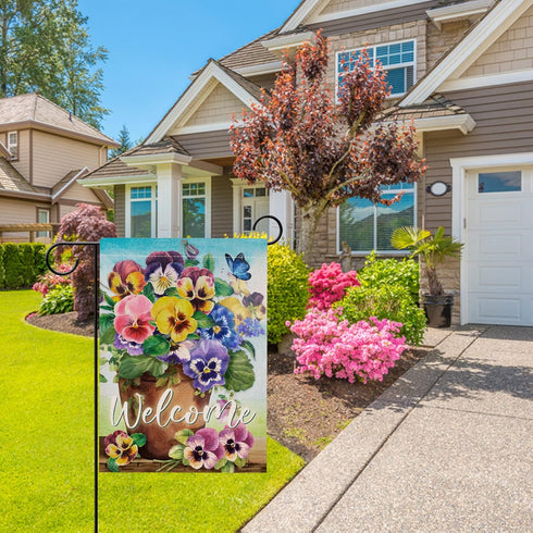 Welcome Spring Pansy Floral Garden Flag Double Sided, Flower Pot Arrangement Decorative House Yard Lawn Outdoor Small Decor, Summer Holiday Butter...