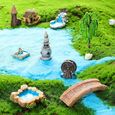 Plank Bridge Miniature Fairy Garden Accessories,Miniature Pond Lawn Garden Ornament Figurines, Mini Lighthouse Water Well Bridge Figurines, Micro ...