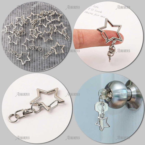 AUEAR, 60 Pack Silver Star Shaped Spring Snap Keychains Clip Metal Key Chains Pentagram Hanging...
