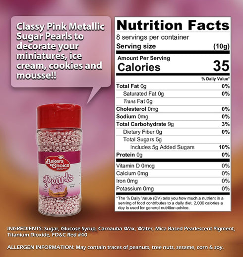 Baker's Choice Bakers Choice Edible Pearls - Metallic Pink Pearl Sprinkles - Edible Sugar Pearls - Dairy Free - Kosher - 3 oz....