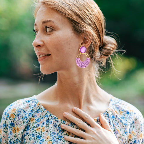 Boho Rattan Dangle Earrings for Women Trendy - Geometric Straw Raffia Earrings for Summer Beach Vacation...