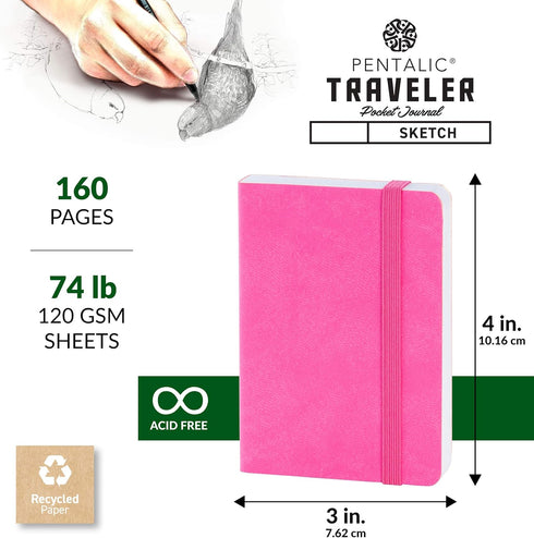 Pentalic 3" x 4" Pocket Sketchbook Traveler Journal, 160 Pages, Bright Pink...