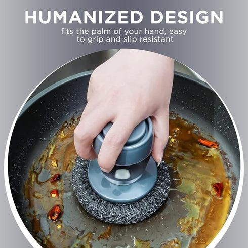 Stainless Steel Scrubber with Soap Dispensing Handle, Heavy Duty Pot Scrubber, Palm Brush with Replaceable Steel Wool Scouring Pad Used for Dishes...