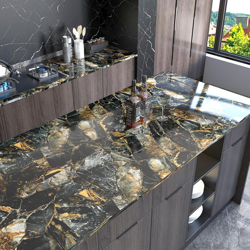 17.7''x100'' Slate Gold Glossy Marble Contact Paper for Countertops Waterproof Peel and Stick Countertops for Kitchen Self Adhesive Removable Viny...