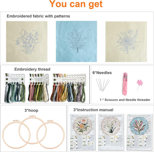 Myfelicity Embroidery kit for adults and beginners, includes 3 floral pattern fabrics, 3 embroidery hoops, embroidery floss and other tools....