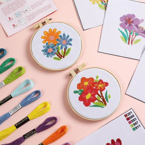 ZOIIWA 6PCS Cross Stitch Kits for Beginners DIY Embroidery Kit for Kids Adults Mother's Day Birthday Gift Spring Summer Flower Needlepoint Pattern...