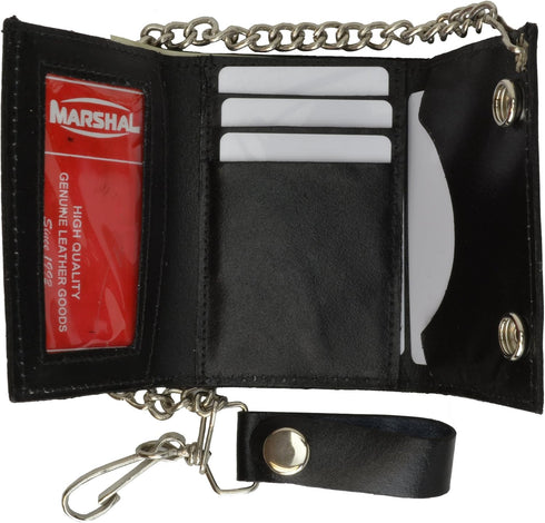 BLACK GENUINE LEATHER Trifold Biker's Wallet ID Card Holder w/Chain Skull...